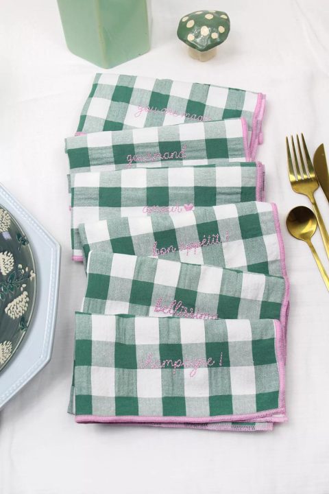 Set de 6 Serviettes Vichy Brodées Sauge