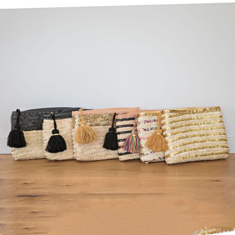 Pochettes palme à paillettes zip cuir et pompon